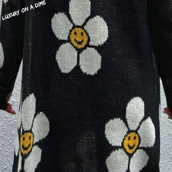Retro Daisy Smiley Face Button Longline Knit Lightweight Cardigan Sweater Jacket - Picture 3 of 9
